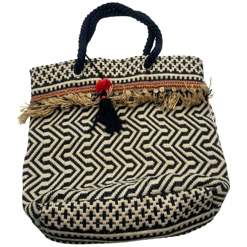 C&C California Geometric Fringe Jute Tote Beach Bag